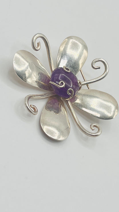 Vintage Designer Balladares 925 Sterling Silver Flower Purple Amethyst Stone Pin Brooch 5