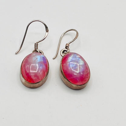 925 Sterling Silver Dangle Hook Lovely Earrings Oval Cabochon Pink Rainbow Moonstone 1