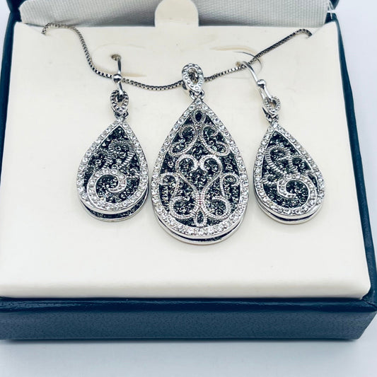 Vintage 925 Sterling Silver Teardrop Dangle Earrings Pendant Chain Necklace Set Filigree 1