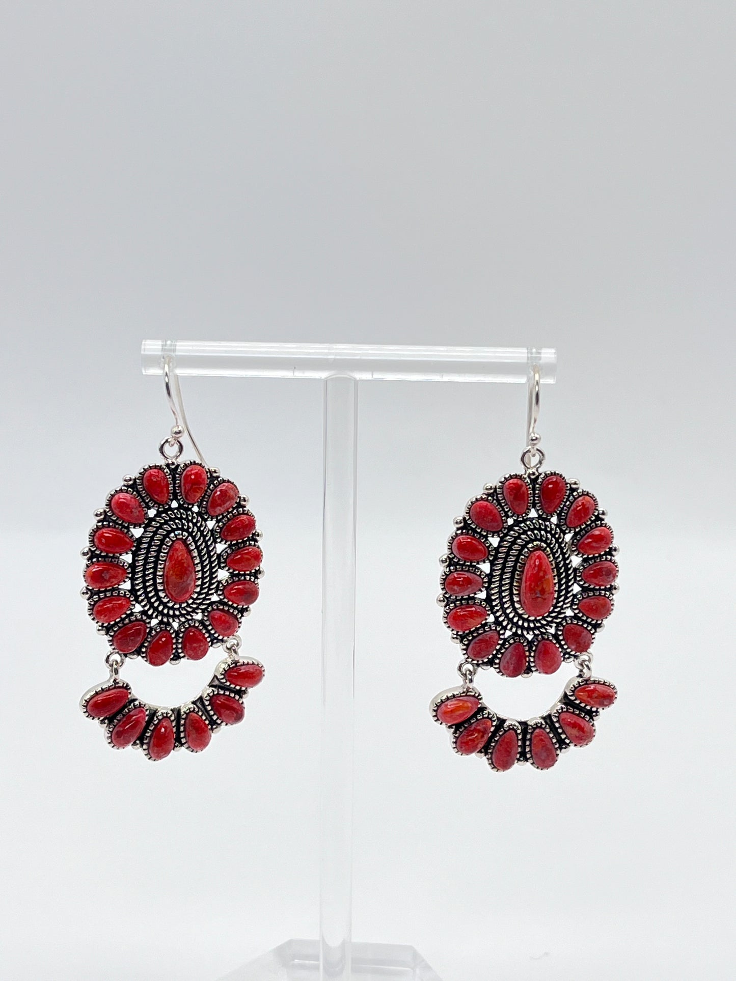 BBJ Sterling Silver 925 Dangle Earrings Chunky Teardrop Coral Tone Accents Navajo Style