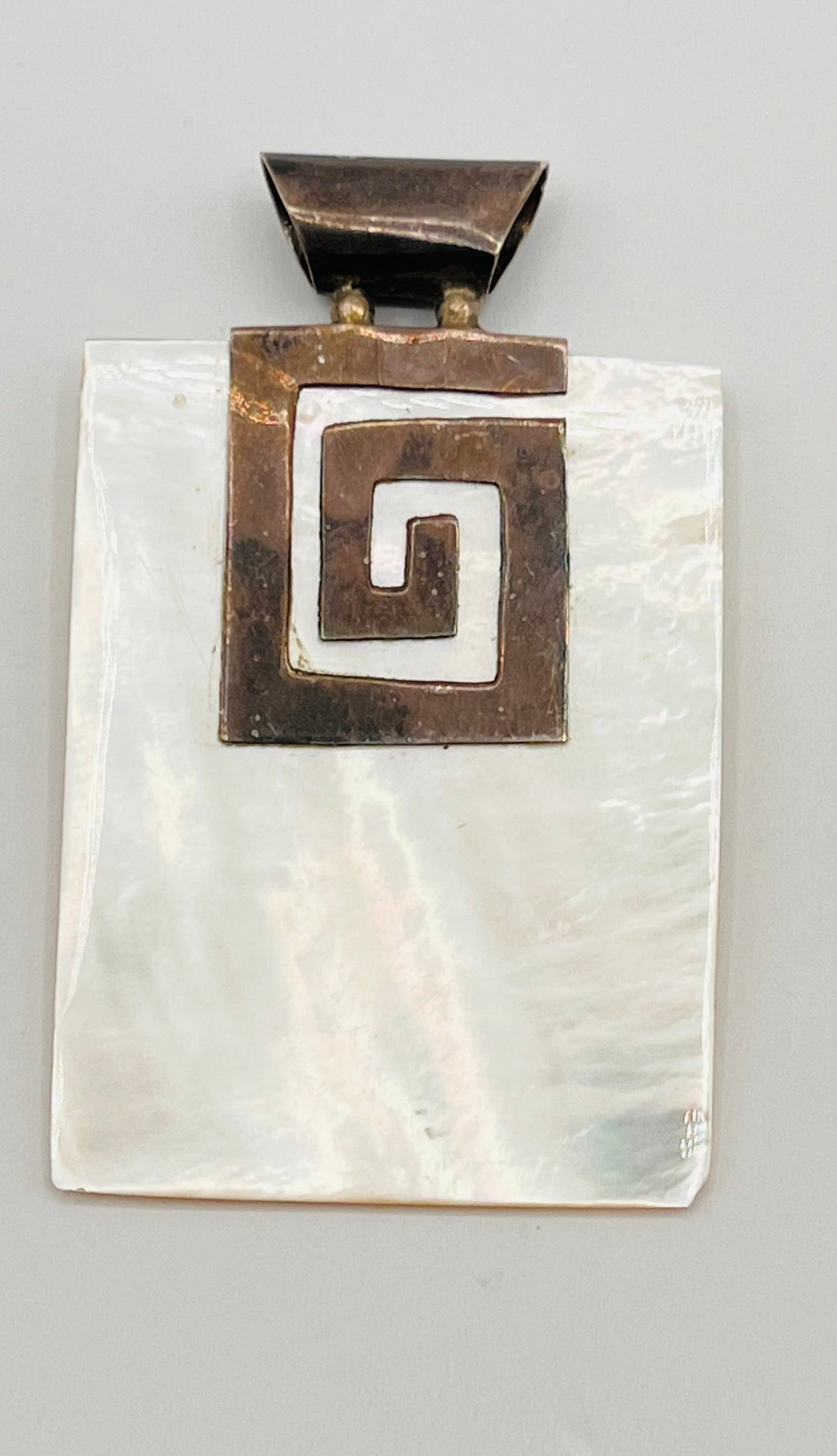 Mother Of Pearl 925 Sterling Silver Large Rectangular Pendant Greek Maze Spiral 3