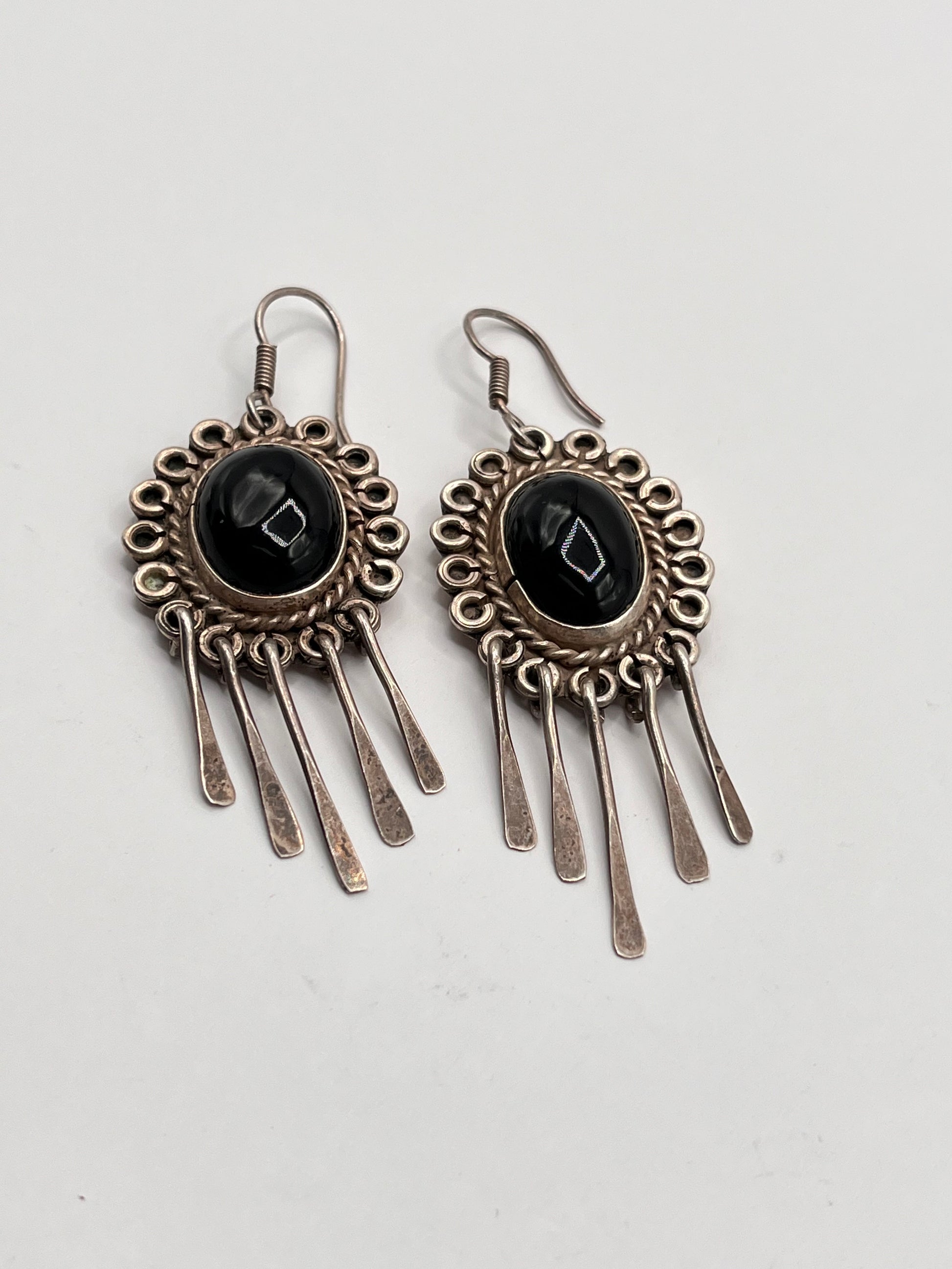 Taxco Mexico TR-84 Sterling Silver 925 Dangle Tassels Oval Cabochon Black Onyx Earrings 3