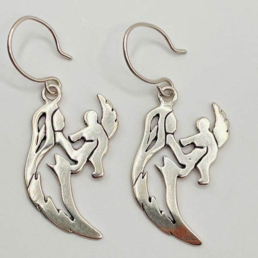 GS 925 Sterling Silver Dangle Hook Earrings Religious Mary And Jesus Child Angel 1