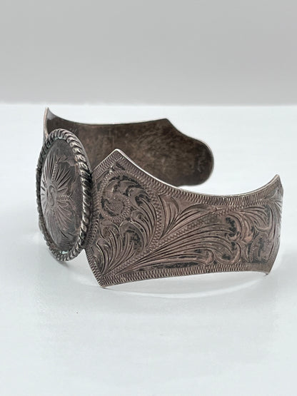 Vintage Mexico Designer 925 Sterling Silver Cuff Bracelet Engraved Floral Design Chunky RARE 2