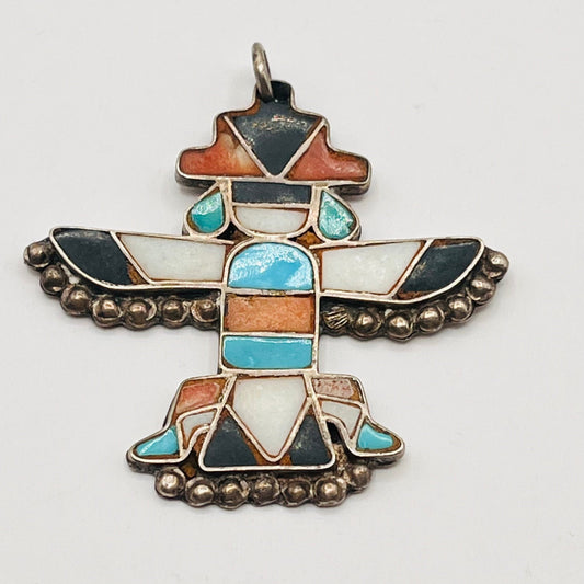 Vintage Zuni 925 Sterling Silver Turquoise Onyx Coral Inlay KnifeWing Dancer Pendant 1