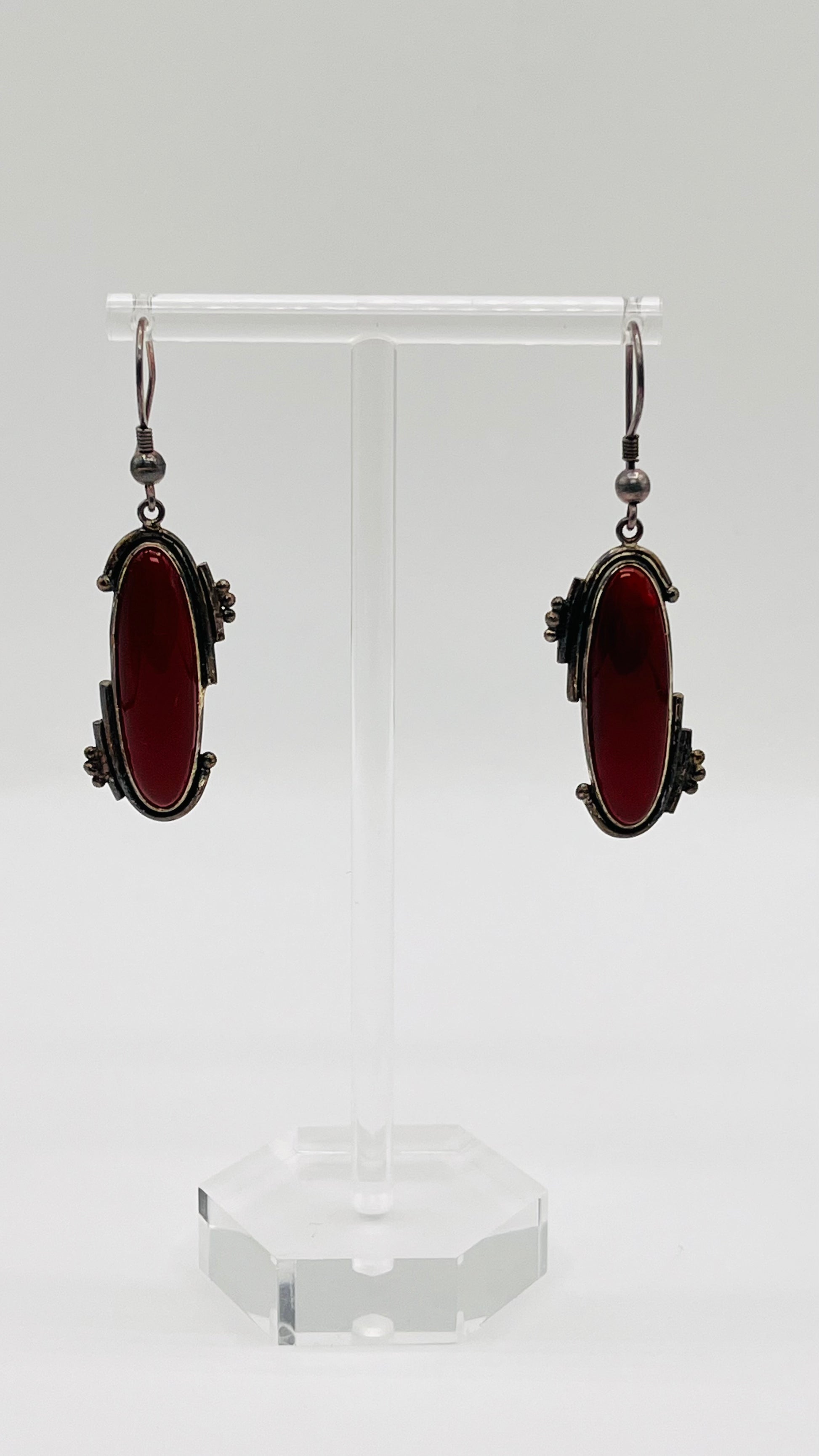 Vintage Sterling Silver 925 Dangle Hook Earrings Red Maroon Oval Carnelian Stone 4