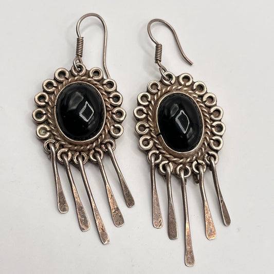 Taxco Mexico TR-84 Sterling Silver 925 Dangle Tassels Oval Cabochon Black Onyx Earrings 1