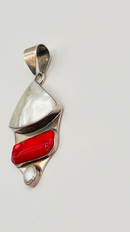 950 Sterling Silver Red Coral MOP Mother Of Pearl Abalone Chunky Pendant Asymmetric 2