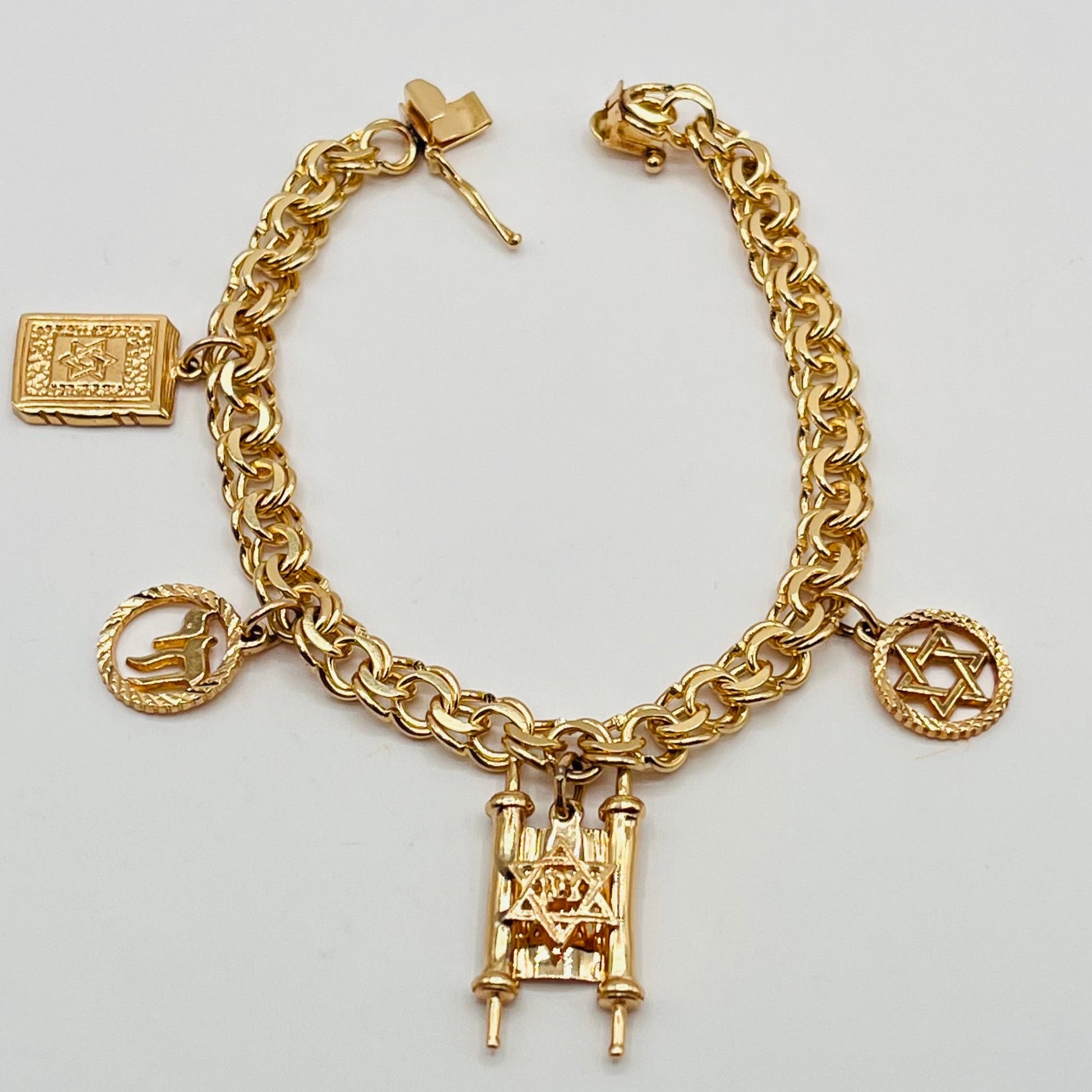 14K Solid Gold Jewish Charms Bracelet Torah Book 10 Commandment Star Of David Chai 1