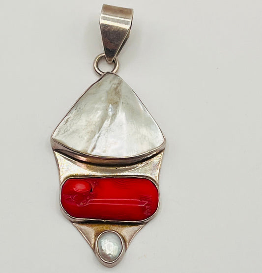 950 Sterling Silver Red Coral MOP Mother Of Pearl Abalone Chunky Pendant Asymmetric 1