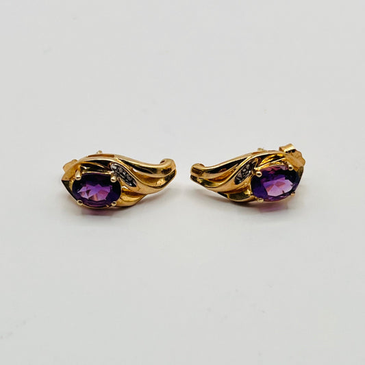 Vintage 10K Solid Yellow Gold Stud Dangle Earrings Oval Purple Amethyst Stone RARE 1