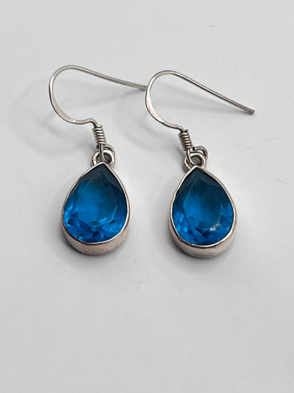 Vintage Sterling Silver 925 Dangle Earrings Blue Topaz Aquamarine Tone Teardrop Faceted Bead 4