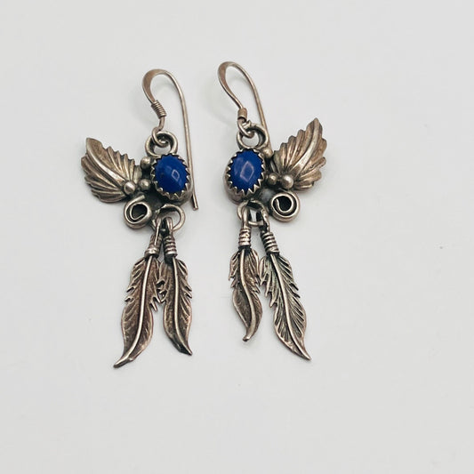 Vintage 925 Sterling Silver Dangle Hook Earrings Blue Oval Lapis Feathers Leaf 1