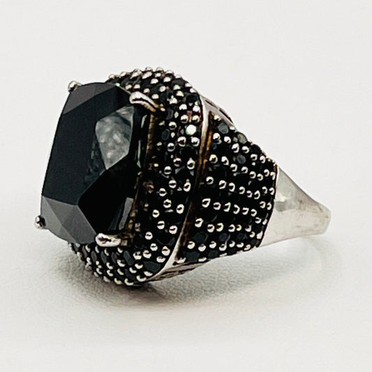 Vintage SST Designer 925 Sterling Silver Black Tourmaline Chunky Cocktail Ring 1