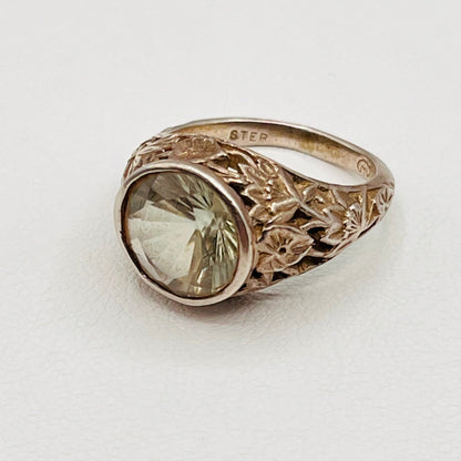 Vintage MSJ Designer 925 Sterling Silver Green Amethyst Ring Floral Design 1