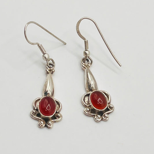 Vintage 925 Sterling Silver Dangle Hook Earrings Red Carnelian Stone 1