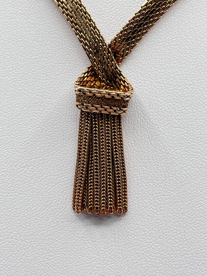 14K Solid Yellow Gold Fancy Chain Link Tassel Couture Necklace Vintage 1950s 2