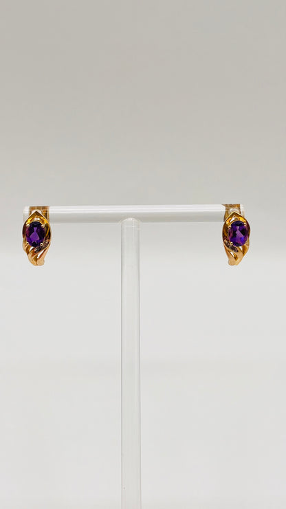 Vintage 10K Solid Yellow Gold Stud Dangle Earrings Oval Purple Amethyst Stone RARE 2