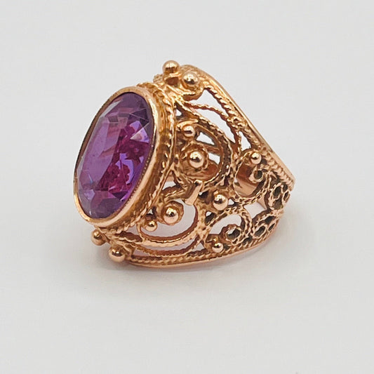 Vintage 14K Gold Filigree Chunky Ring Purple Cabochon Oval Sapphire Stone RARE 1