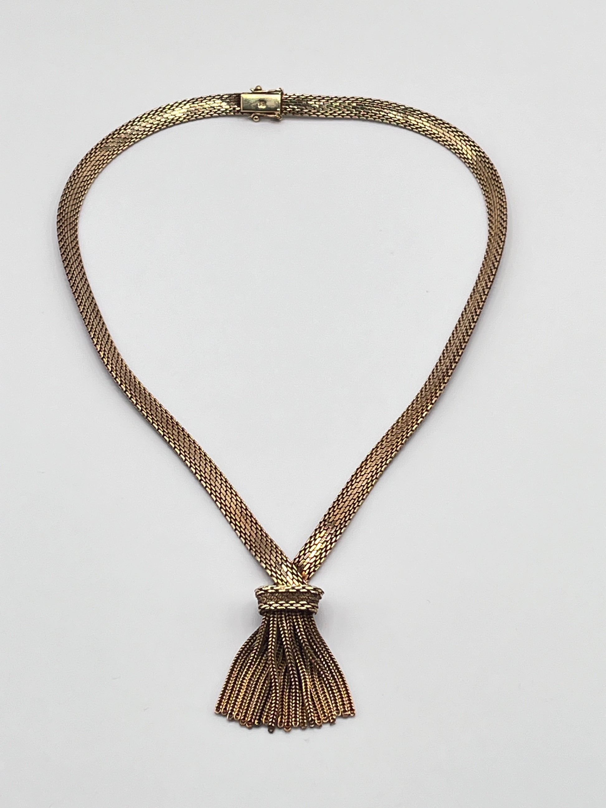 14K Solid Yellow Gold Fancy Chain Link Tassel Couture Necklace Vintage 1950s 3