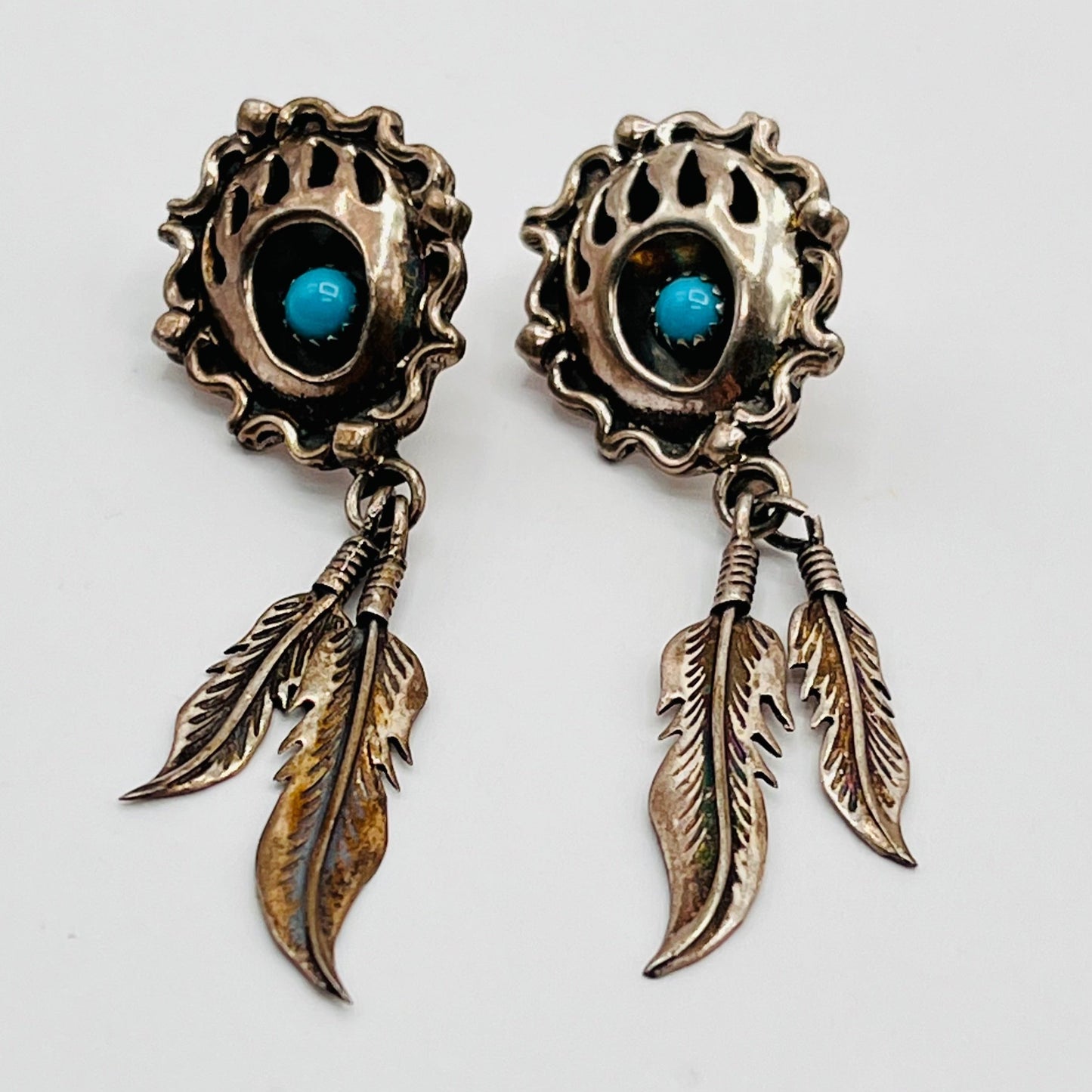 Running Bear 925 Sterling Silver Dangle Stud Earrings Turquoise Feather Navajo 1