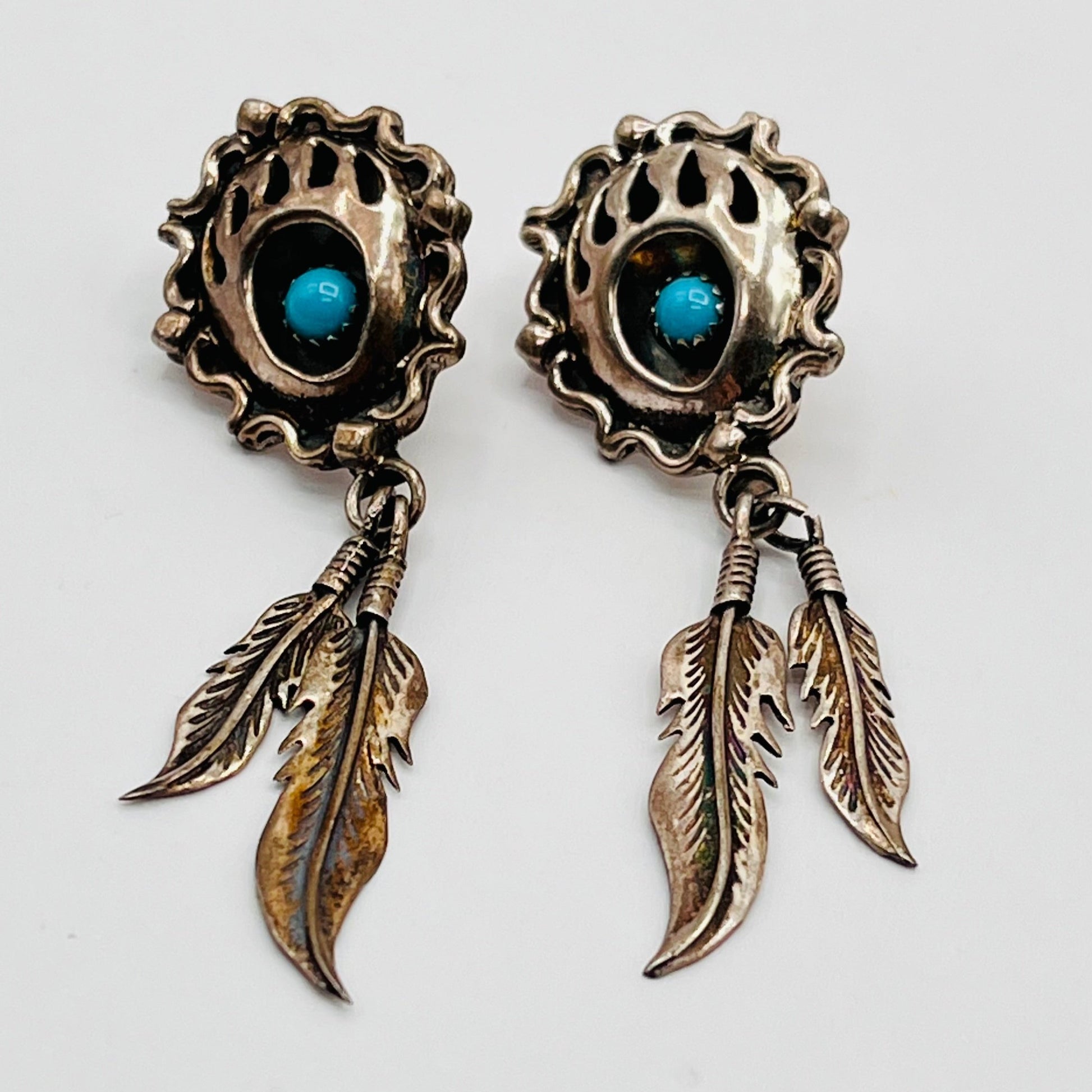 Running Bear 925 Sterling Silver Dangle Stud Earrings Turquoise Feather Navajo 1