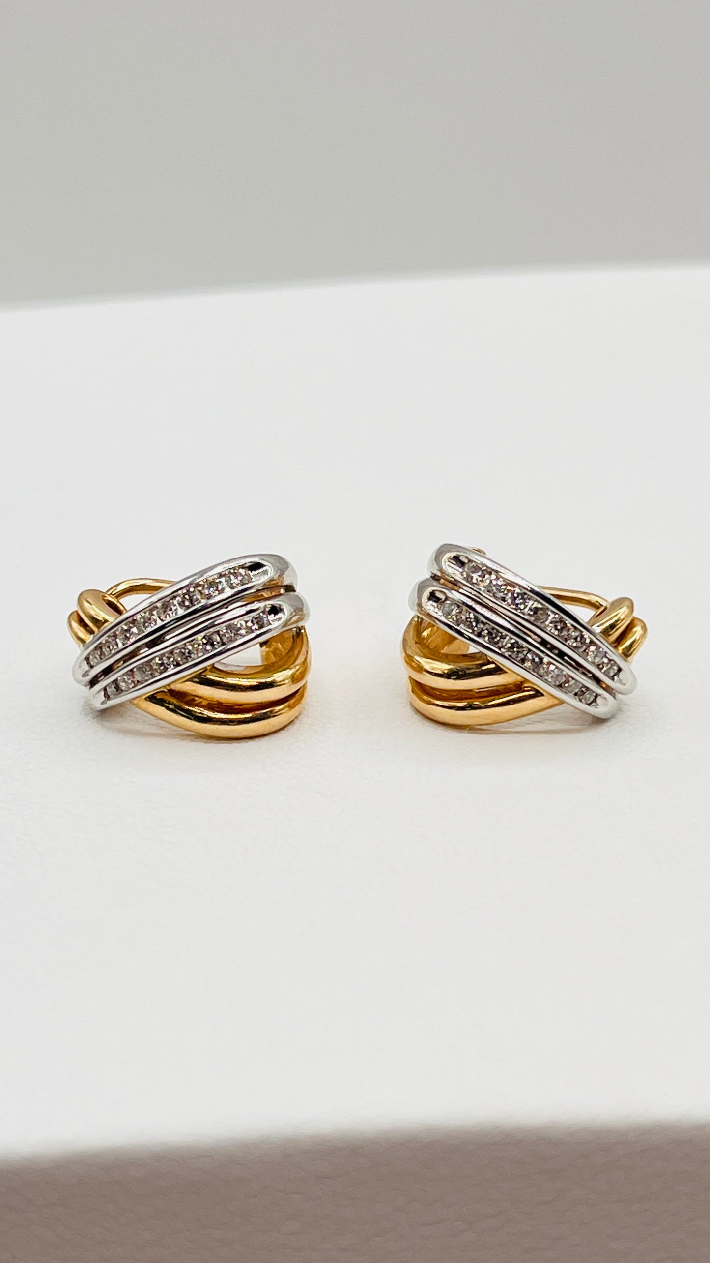 14k Yellow White Two Color Gold Diamonds Half Hoop Clip X Buddha Belly Earrings  4