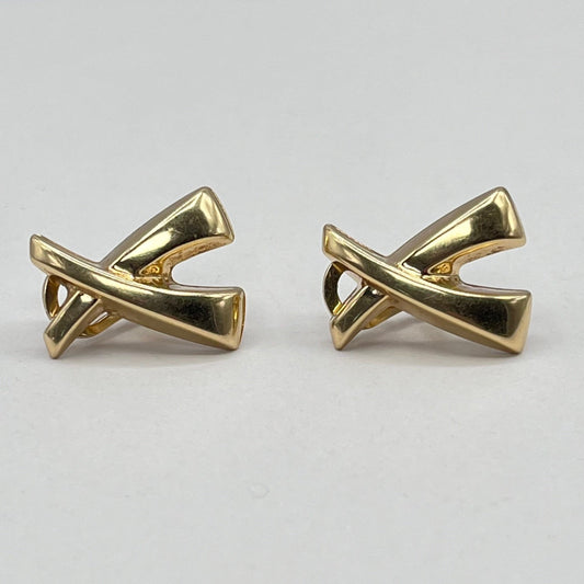 18K Solid Yellow Gold Earrings 750 Hallmark Omega  Back Paloma Letter X Shaped 1