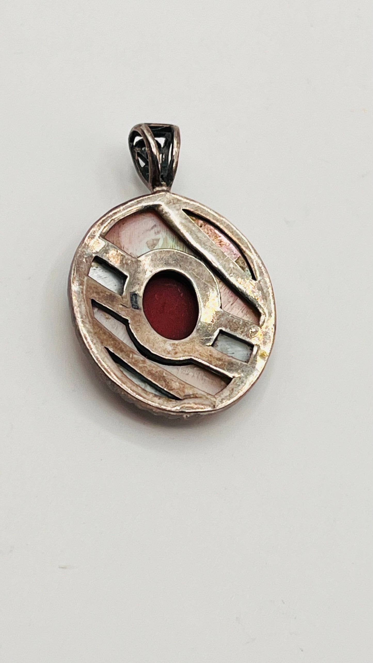 925 Sterling Silver Red Coral MOP Mother Of Pearl Abalone Asymmetric Inlay Oval Pendant 2