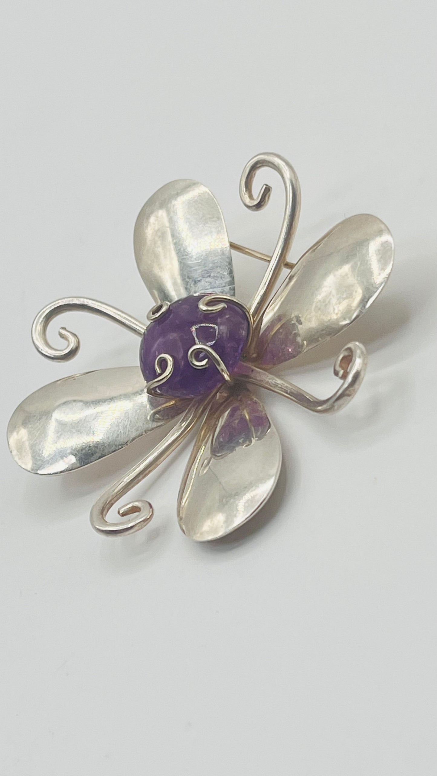 Vintage Designer Balladares 925 Sterling Silver Flower Purple Amethyst Stone Pin Brooch 4