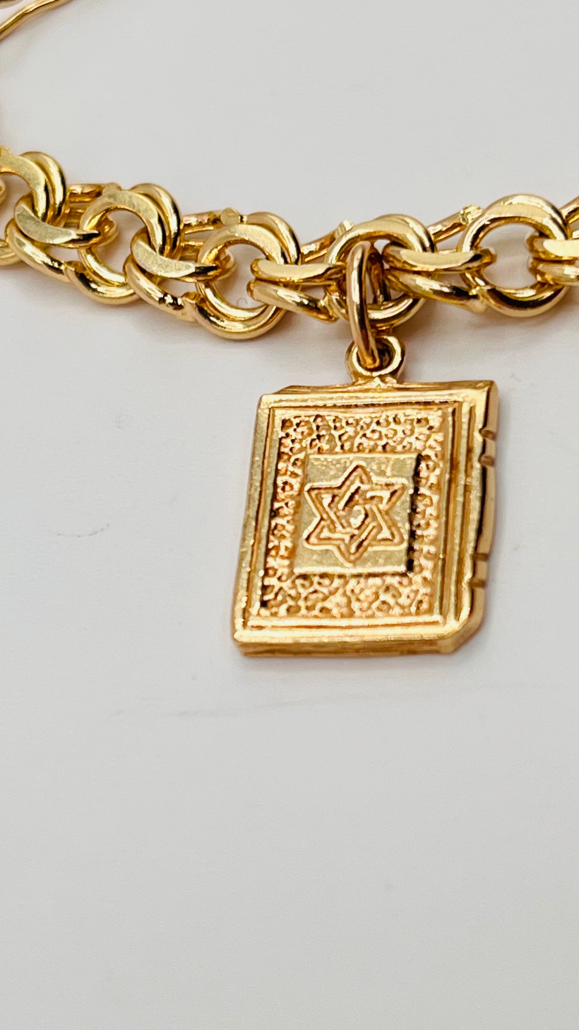 14K Solid Gold Jewish Charms Bracelet Torah Book 10 Commandment Star Of David Chai 4