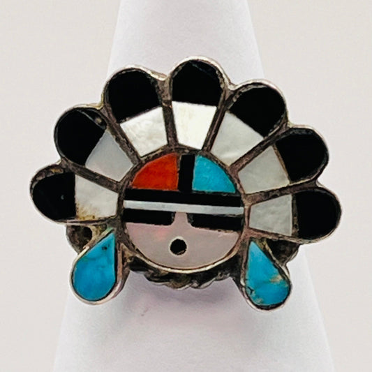 Zuni 925 Sterling Silver Sunface Kachina Mask Coral Turquoise Onyx Mother Of Pearl MOP Ring 1