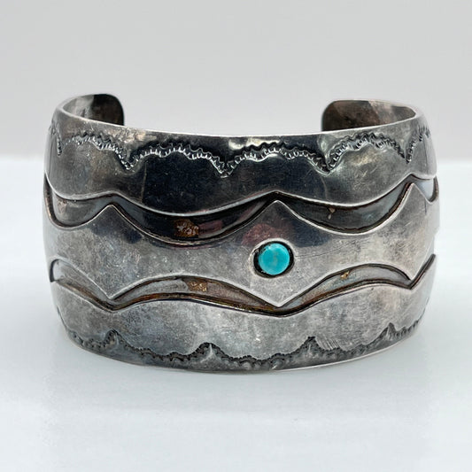 925 Sterling Silver Vintage Wide Native American Navajo Style Cuff Bracelet Turquoise Stone 1