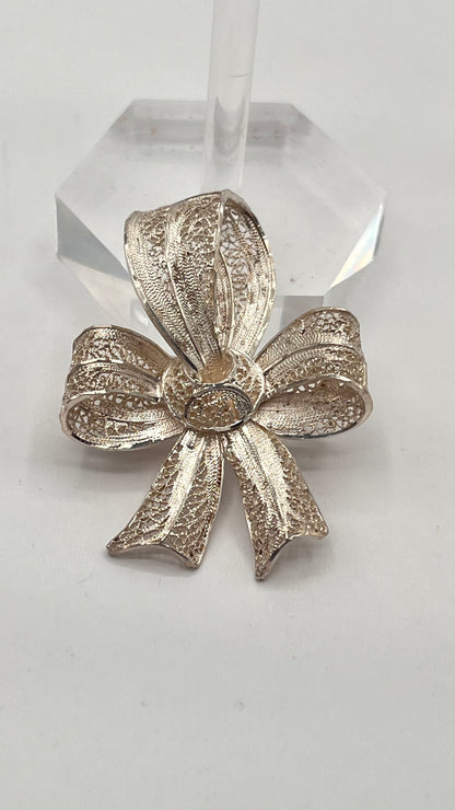 Antique 925 Sterling Silver Topazio Portugal Filigree Ribbon Bow Open Work Pin Brooch 1