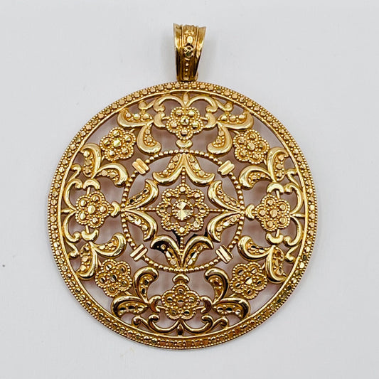 Vintage AE Designer 14K Solid Gold Pendant Floral Open Work Filigree Round 1