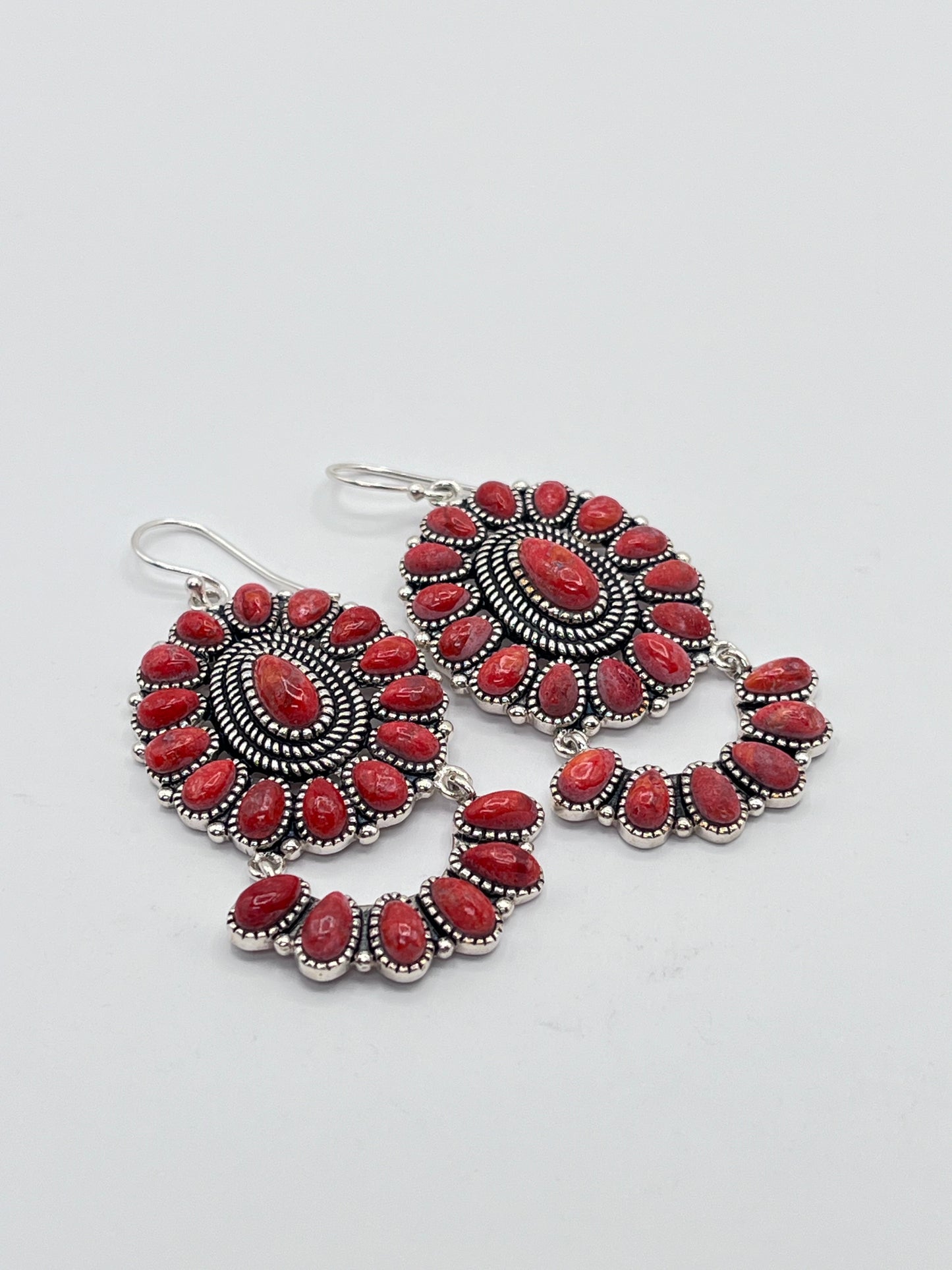 BBJ Sterling Silver 925 Dangle Earrings Chunky Teardrop Coral Tone Accents Navajo Style