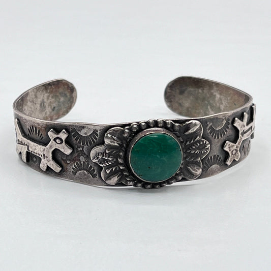 Vintage Native American Navajo Sterling Silver Cuff Bracelet Green Round Turquoise Stone Mirrored Animals 1