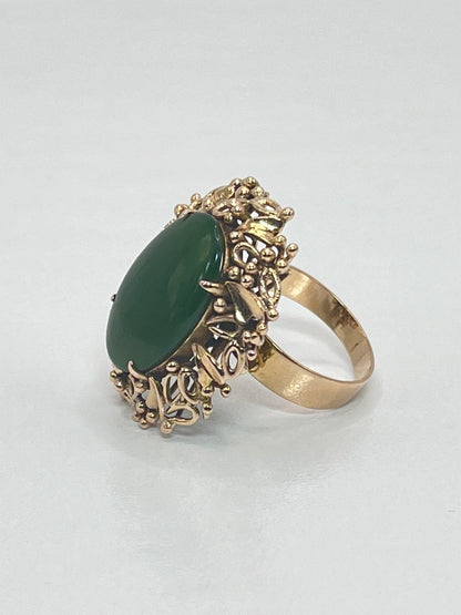 14K Solid Yellow Gold Vintage Filigree Ring With Large Cabochon Deep Dark Green Jadeite Jade Stone - Luxury Bling Jewelry