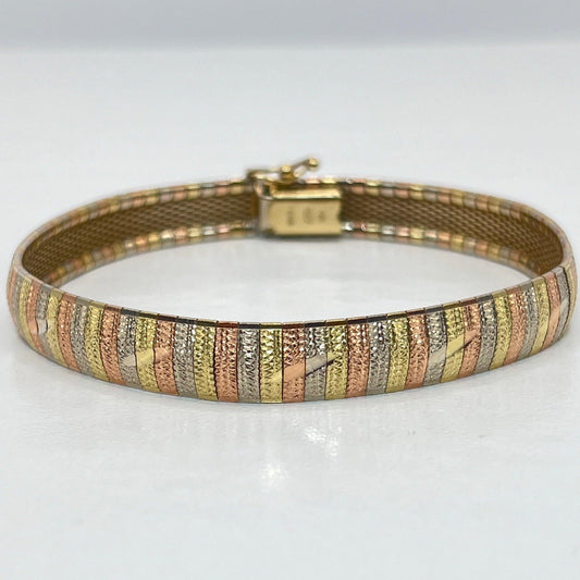 14K Tri Colored Authentic Solid Gold Vintage Striped Design Tennis Bracelet - Luxury Bling Jewelry