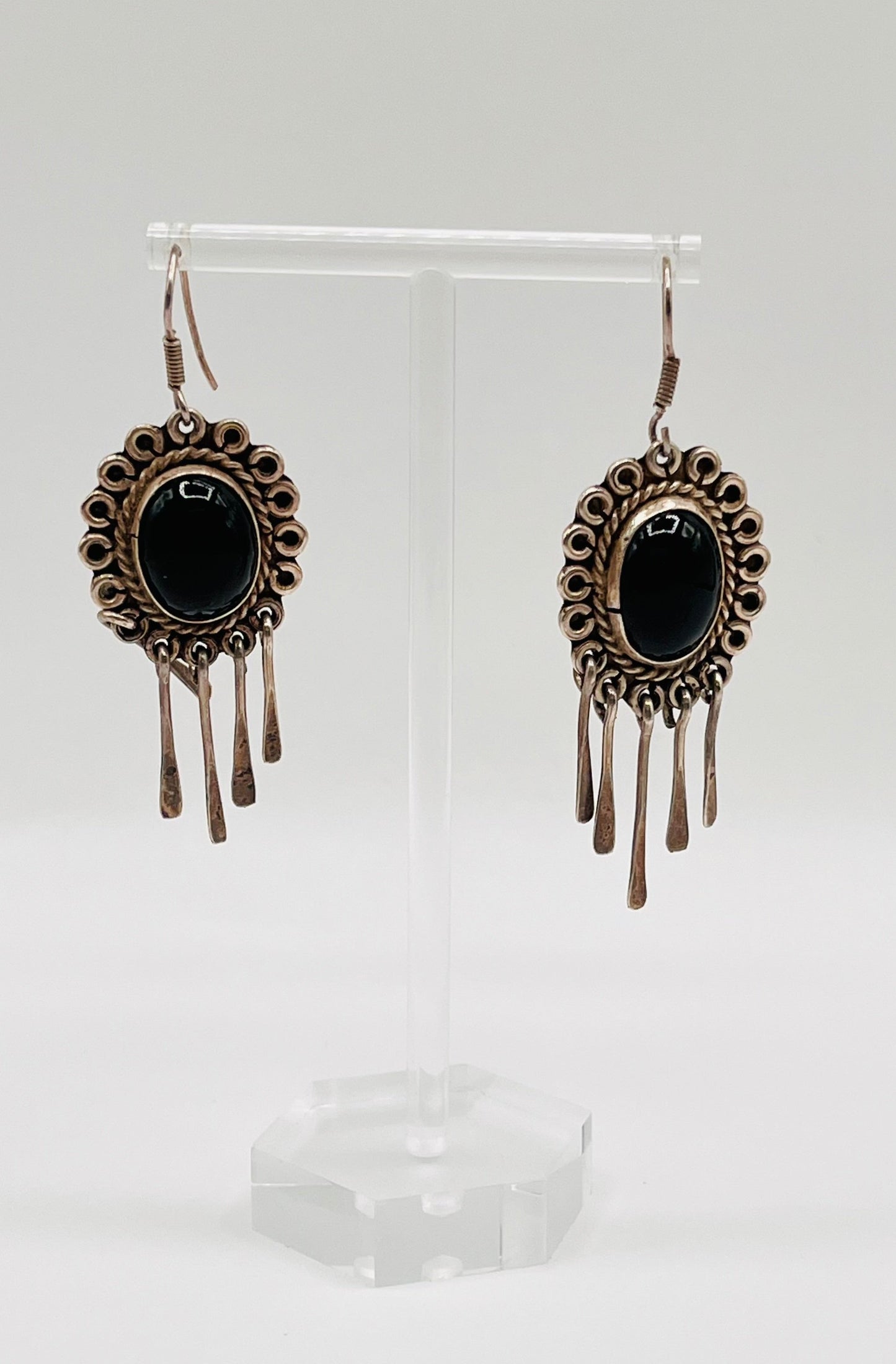 Taxco Mexico TR-84 Sterling Silver 925 Dangle Tassels Oval Cabochon Black Onyx Earrings 2