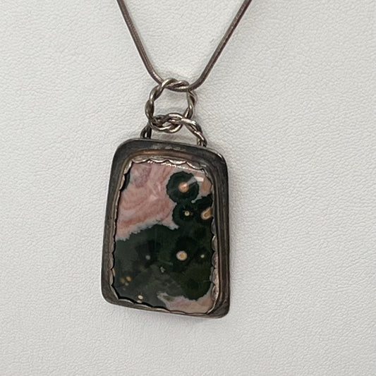 Vintage NB Signed 925 Sterling Silver Ocean Jasper Irregular Rectangle Chunky Pendant 2