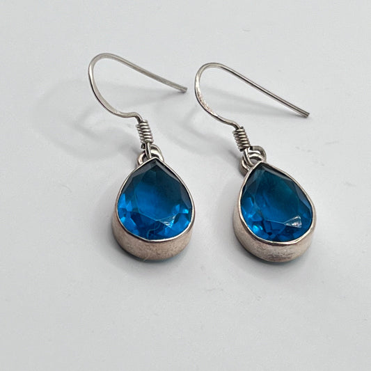 Vintage Sterling Silver 925 Dangle Earrings Blue Topaz Aquamarine Tone Teardrop Faceted Bead 1