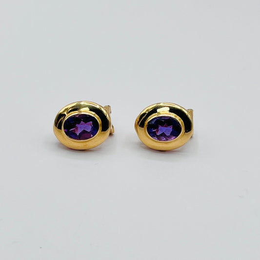 Vintage 18K Solid Yellow Gold Oval Stud Earrings Omega Back Amethyst Stone RARE 1