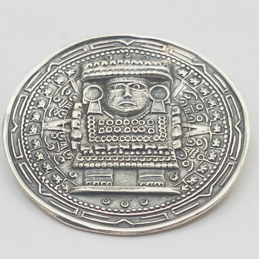 Vintage Mexico 925 Sterling Silver Aztec Mayan Warrior Round Pin Brooch Pendant  1