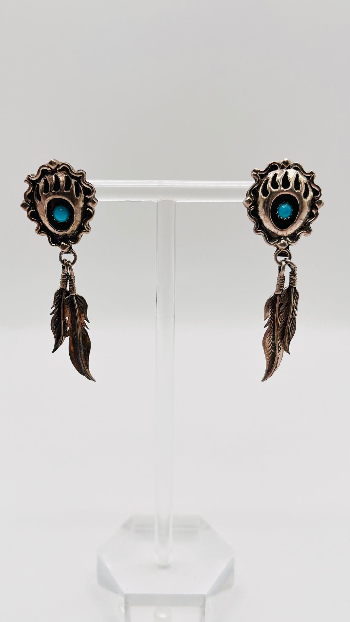 Running Bear 925 Sterling Silver Dangle Stud Earrings Turquoise Feather Navajo 3