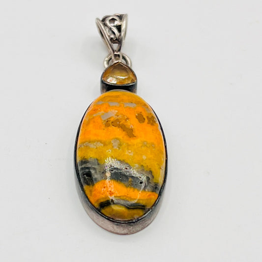 Bumblebee Jasper 925 Sterling Silver Oval With Yellow Tourmaline Pendant 1