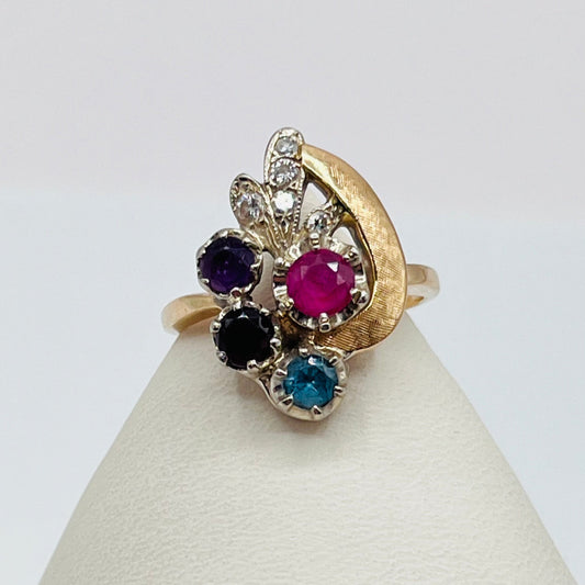 Antique 14K Gold Estate Cocktail Ring Multi Stone Sapphire Ruby Diamond 1