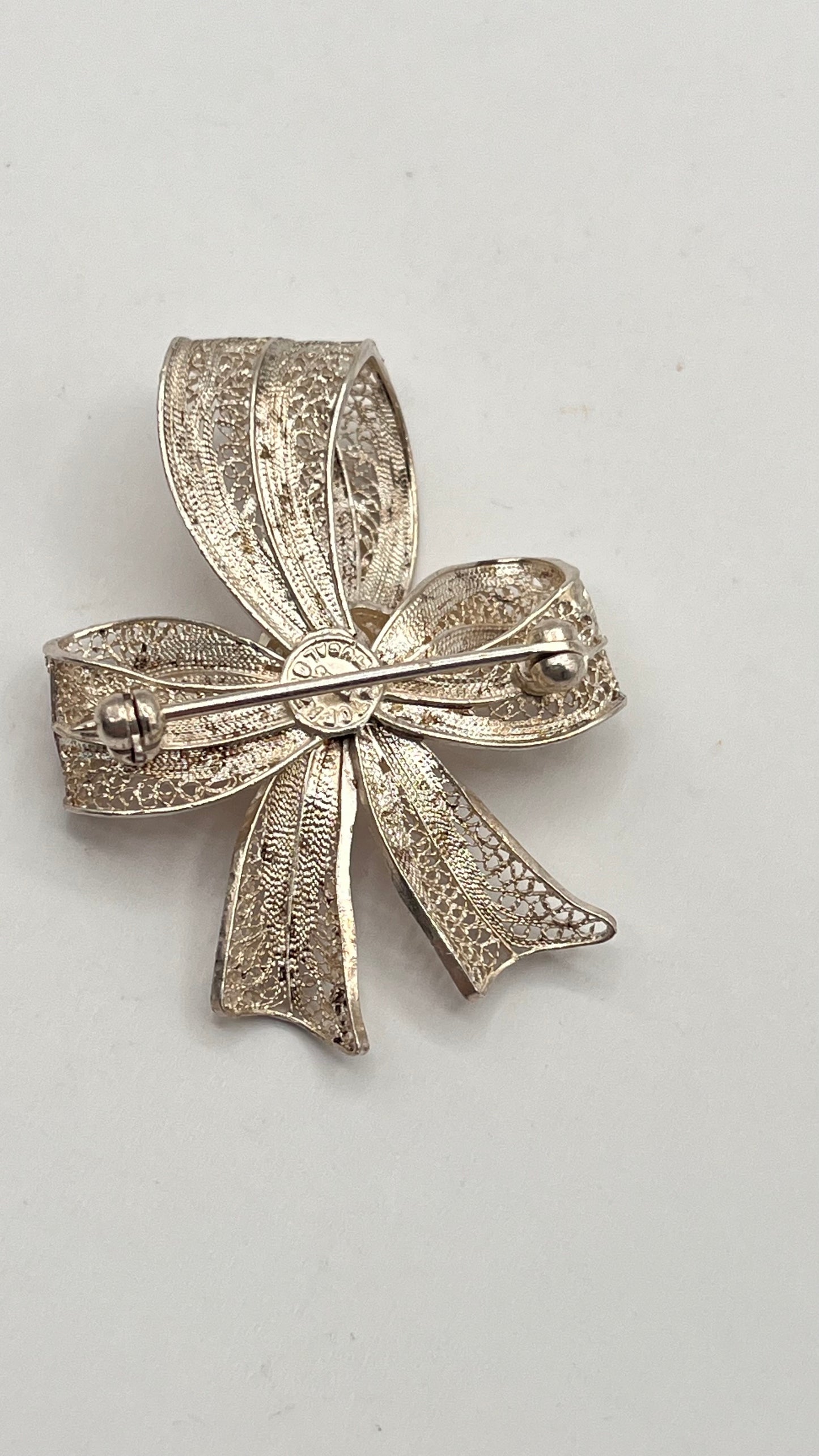 Antique 925 Sterling Silver Topazio Portugal Filigree Ribbon Bow Open Work Pin Brooch 3