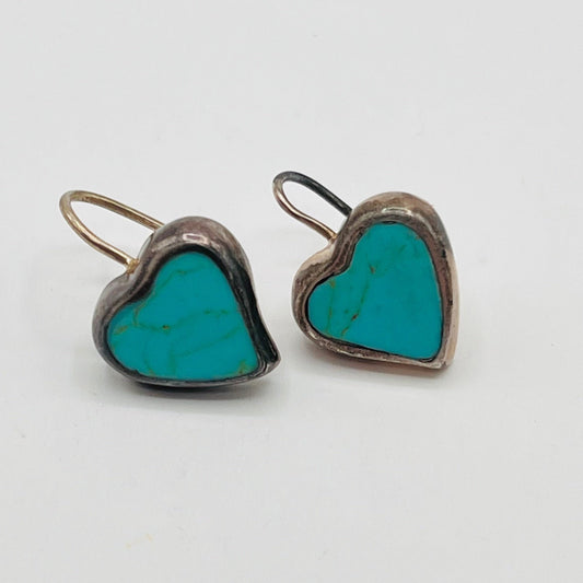 ATI Mexico 925 Sterling Silver Dangle Hook Lovely Earrings Love Heart Turquoise Inlay 1