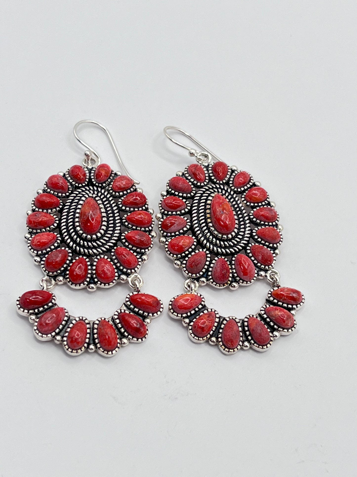 BBJ Sterling Silver 925 Dangle Earrings Chunky Teardrop Coral Tone Accents Navajo Style